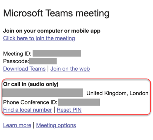 Microsoft Teams 会议 Blob 的屏幕截图，其中突出显示了“拨入”选项。