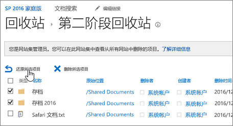 突出显示“还原”按钮的 SharePoint 第二级回收