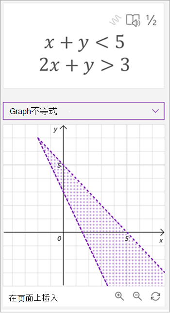 数学助手生成的公式 x 加 y 小于 5，2x 加 y 大于 3 的公式图形的屏幕截图，两条线都绘制，两条线之间的区域已着色