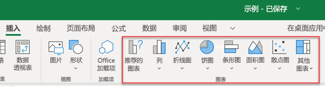 Excel 网页版的“插入”选项卡上的“图表”组。