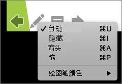 屏幕截图显示了幻灯片放映中使用的指针可用的选项。 选项包括“自动”、“隐藏”、“箭头”、“笔”和“笔颜色”。
