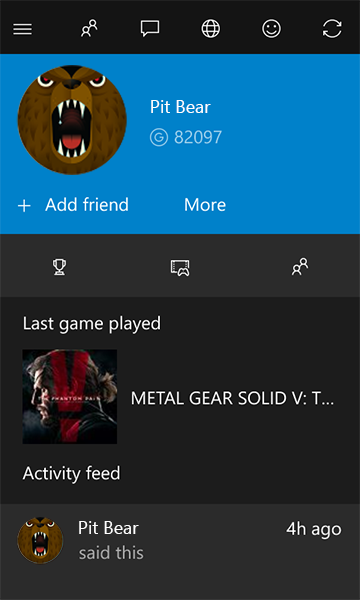 Gamertag profile in Xbox