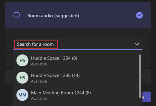 Teams 会议预加入屏幕中“会议室音频”选项的搜索栏的屏幕截图。