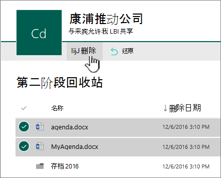 SharePoint Online 二级回收，其中突出显示了“删除”按钮