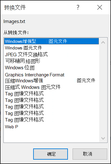 对话框显示可转换的图像文件格式列表
