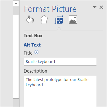 “设置图片格式”窗格的“替换文字”区域（描述了所选图像）的屏幕截图