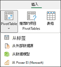 插入数据透视表下拉列表，显示"从 Power BI"选项。