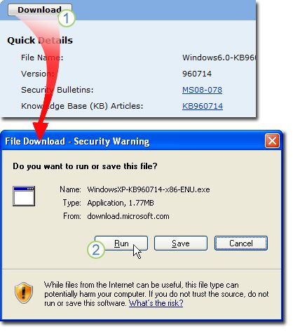 在 KB960714 的下载页中选择"下载"。 将显示一个窗口，显示"文件下载 - 安全警告";选择"运行"，在下载后自动安装该文件。
