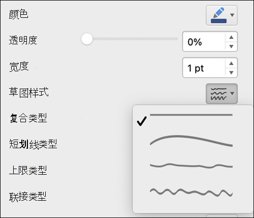 在 Mac 中已选则“草绘样式”的线条格式选项