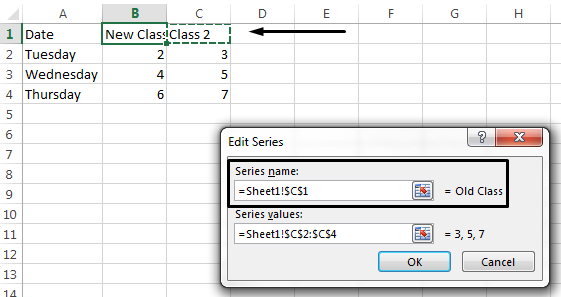 若要选择要用作图例名称的其他单元格，请单击“系列名称”文本框。