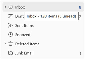 悬停消息的屏幕截图，其中显示了文件夹中的邮件数。