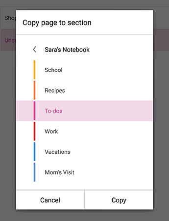 OneNote for Android 中的"将页面复制到分区"菜单