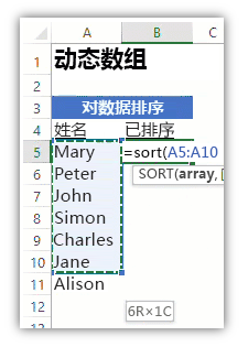 Excel 工作表的屏幕截图，显示数据列表和使用 SORT 函数对列表进行排序的公式。
