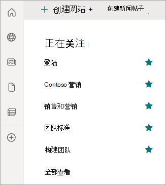 显示左侧导航窗格和您关注的 SharePoint 网站的屏幕截图。