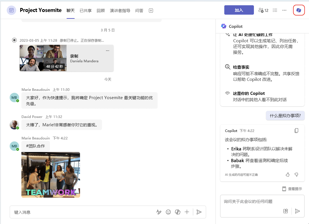 会议聊天中的 Copilot 条目