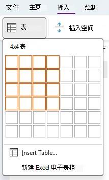 “表”菜单的屏幕截图