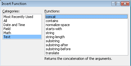 在“插入函数”对话框中选定的 concat 函数