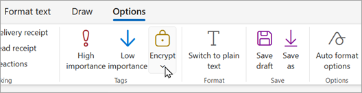 新的邮件工具栏有一个加密按钮，你可以在其中选择加密选项。