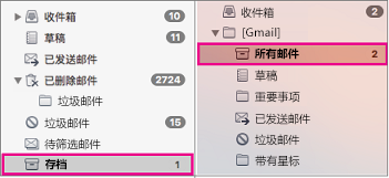 并排显示 Exchange 和 Gmail 文件夹列表，其中突出显示存档文件夹