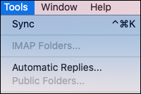 "Apple 工具" 菜单用于在 Outlook 中找到 "自动答复" 设置。