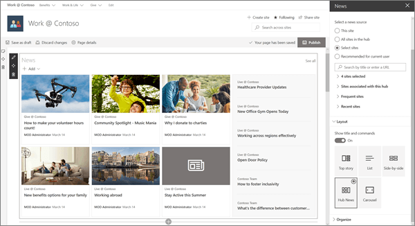 SharePoint Online 中的新式中心网站示例中的 "新闻" web 部件