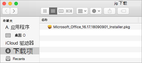 Dock 中的“下载”图标显示 Office 365 安装程序包