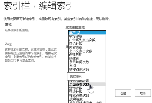 从下拉框中选中列的"编辑索引"页