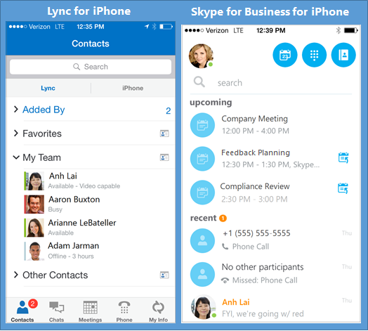 Lync 和 Skype for Business 的并排屏幕截图