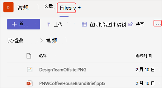 Microsoft Teams 中的“文件”选项卡和“在 SharePoint 中打开”选项的屏幕截图，