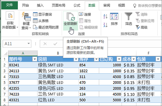 Excel 电子表格，其中突出显示了导入的列表和“全部刷新”按钮。