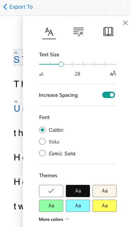 Microsoft Lens for iOS 中的沉浸式阅读器中的文本首选项对话框。