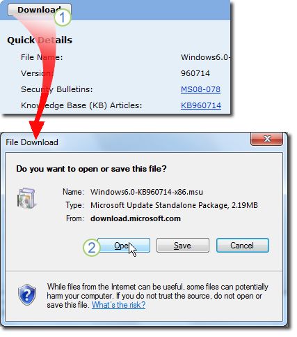 在 KB960714 的下载页中选择"下载"。 将显示一个显示"文件下载"的窗口，选择"打开"以在下载后自动安装该文件。