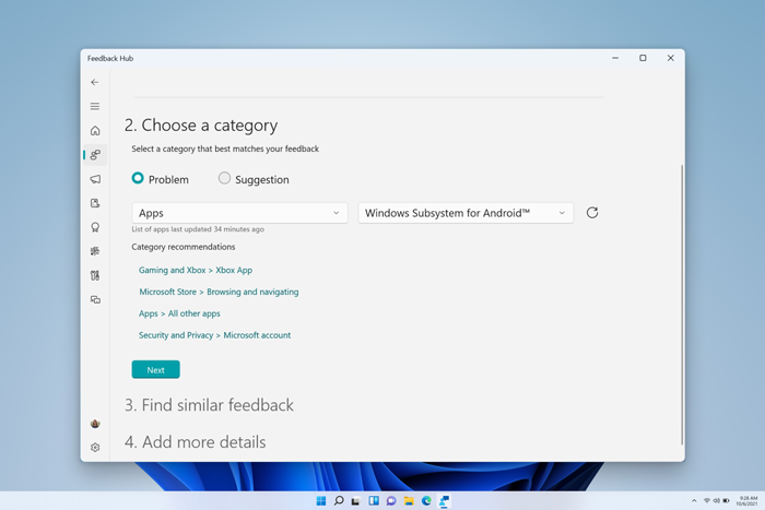 “反馈中心”窗口的屏幕截图，其中选择了“应用”作为类别，并选择了“适用于 android 的 Windows 子系统”作为子类别。
