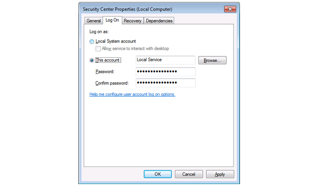 Security Center Properties dialog box