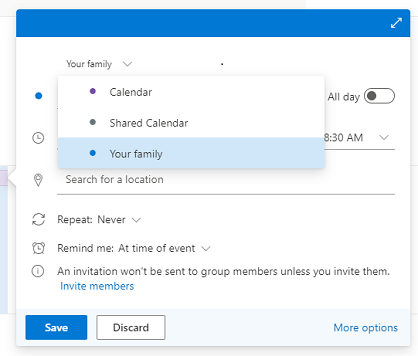 新事件對話框中會有開啟的Outlook行事曆, 並選取Your Family您的家庭. 