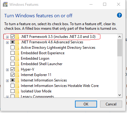 In the Select features window, click .NET Framework3.5 (includes .NET 2.0 and 3.0).