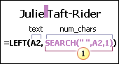 用於擷取「範例 11：Julie Taft-Rider」之名字的公式