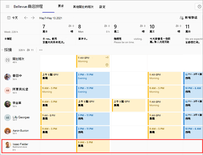 顯示來自其他位置的外部員工的排程螢幕快照。