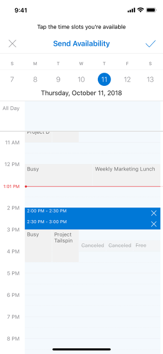 iOS 螢幕會顯示行事曆，上方有「傳送可用性」。 右側有一個核取記號。