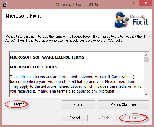 Microsoft Fix it agreement box