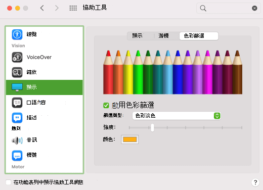 在macOS設定中啟用色彩篩選選項。