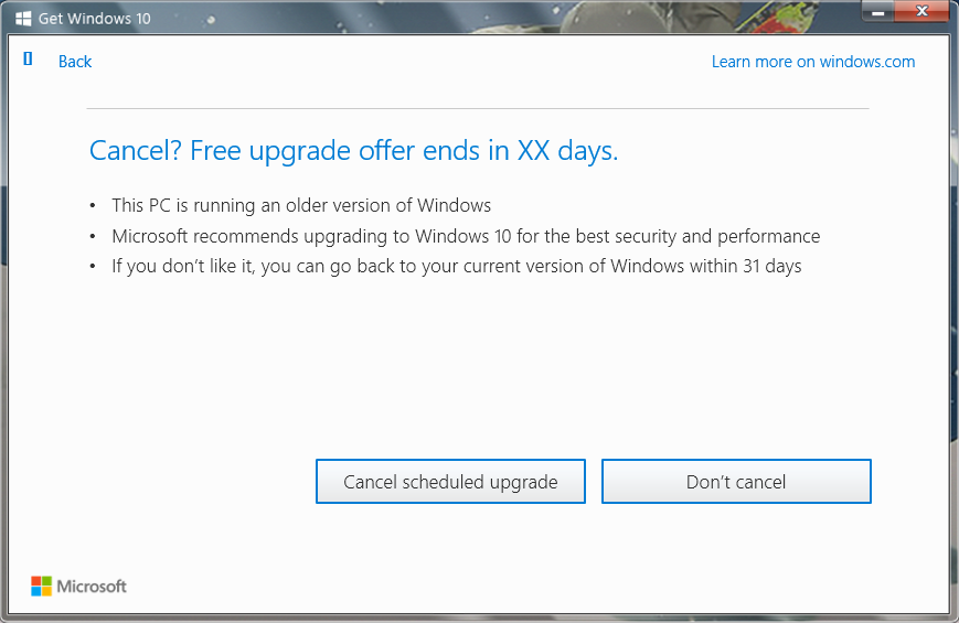 If you want to cancel your upgrade, select Cancel scheduled upgrade. Then confirm on the next screen.