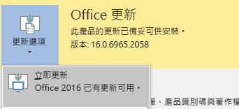 最新版本的 Office 2016 中，按一下 [更新選項]，然後立即更新]。