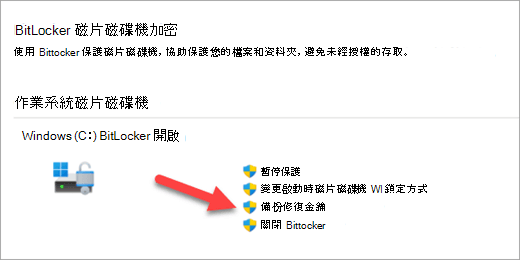 [管理 BitLocker 加密] 應用程式，其中有一個箭頭指向備份 BitLocker 修復金鑰的選項。