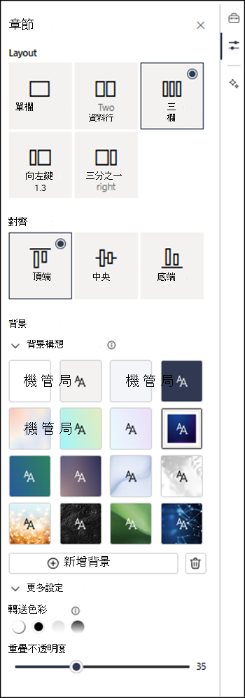 顯示更多可用設定的 [節內容] 窗格。