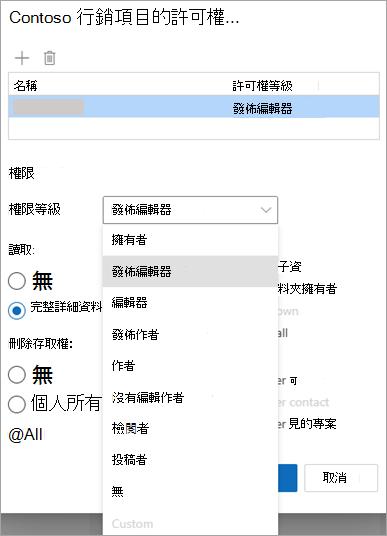 螢幕快照顯示共享資料夾時的 [許可權等級] 下拉式清單