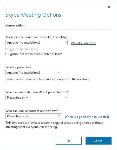 商務用 Skype 會議選項對話方塊