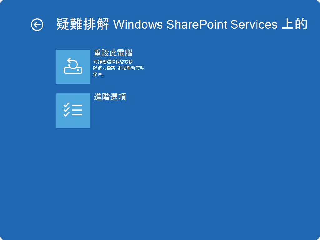 Windows RE 的螢幕快照 - 疑難解答畫面。