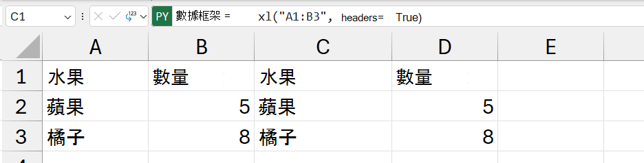 以 Excel 值傳回的 DataFrame 內容。