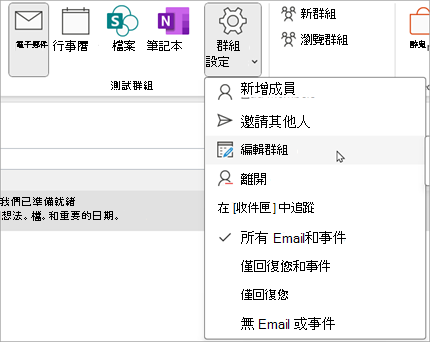 在功能區上，選取 [編輯群組] > 組設定]